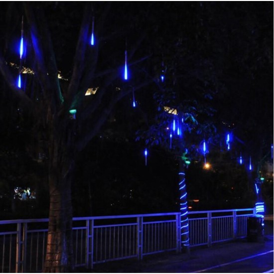 8 Tubes/Set LED 30cm Meteor Shower Solar Lamp Falling Rain Fairy String Lights Ultra Bright Drop Decoration Light blue