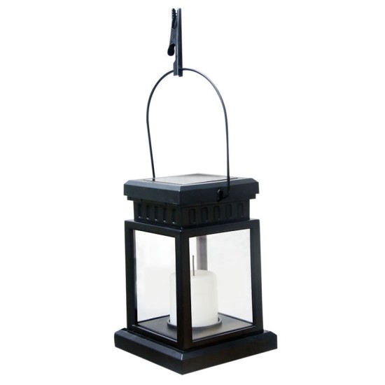 LED Solar Flameless Candle Lantern with Hanging Clip for Outdoor Lighting warm light