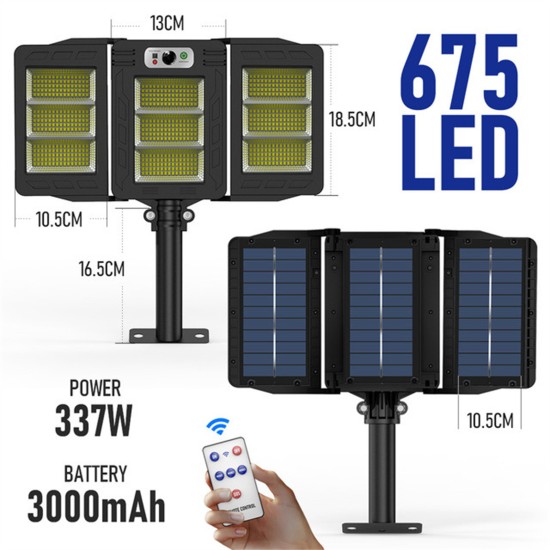 Led Solar Street Light 240/384/648/675led 3 Head Motion Sensor 270 Wide Angle Ip65 Waterproof RC Wall Lamp W785-3