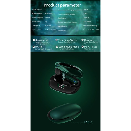 Y2 Wireless Headset Nfc Voice Control Low Latency Dual-mode Sports Gaming Headset Bluetooth 5.1 Green