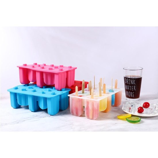 12 Holes Ice Cream Mold Silicone Homemade Popsicle DIY Ice-sucker Mould for Kids Adults red