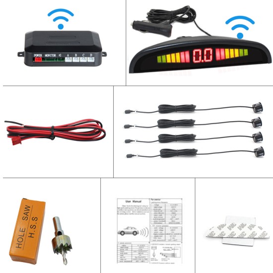 12V Car LED Parking Sensor Kit 4 Sensors 22mm Backlight Display Reverse Backup wireless Radar Monitor System  black