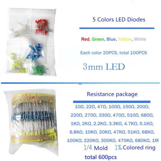 1390pcs Electronic  Component  Kit Led Diodes Triode Ceramic Capacitors Electrolytic Capacitor Package Boxed