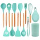 13Pcs/set Silicone Kitchenware Wooden Handle Cooking Kitchen Tools with Storage Bucket As shown_13-piece set