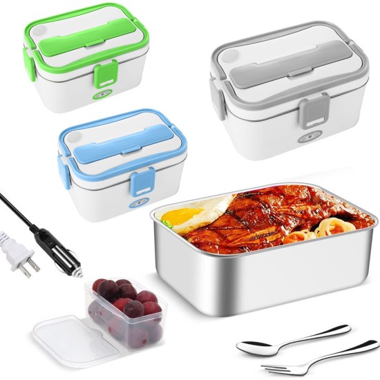 2-in-1 Portable Electric Heated Lunch Boxes 1.8L Stainless Steel Food Warmer with Cutlery for Home Office White EU plug