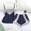 2 pcs/set Women's Sleepwear Sexy Satin Lace V-neck Pyjama Suit Sleeveless Camisole Top + Shorts Navy blue_L 2 pcs/set Women's Sleepwear Sexy Satin Lace V-neck Pyjama Suit Sleeveless Camisole Top + Shorts Navy blue_L