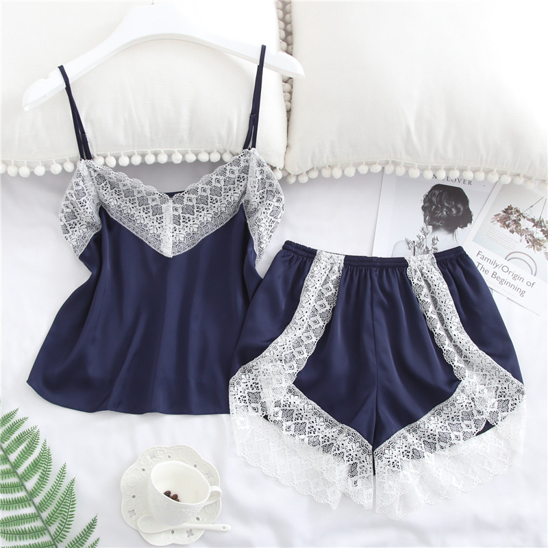 2 pcs/set Women's Sleepwear Sexy Satin Lace V-neck Pyjama Suit Sleeveless Camisole Top + Shorts Navy blue_L 2 pcs/set Women's Sleepwear Sexy Satin Lace V-neck Pyjama Suit Sleeveless Camisole Top + Shorts Navy blue_L