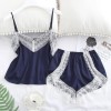 2 pcs/set Women's Sleepwear Sexy Satin Lace V-neck Pyjama Suit Sleeveless Camisole Top + Shorts Navy blue_L 2 pcs/set Women's Sleepwear Sexy Satin Lace V-neck Pyjama Suit Sleeveless Camisole Top + Shorts Navy blue_L