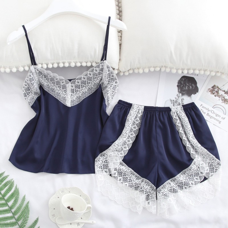 2 pcs/set Women's Sleepwear Sexy Satin Lace V-neck Pyjama Suit Sleeveless Camisole Top + Shorts Navy blue_L 2 pcs/set Women's Sleepwear Sexy Satin Lace V-neck Pyjama Suit Sleeveless Camisole Top + Shorts Navy blue_L