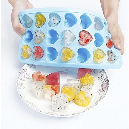 21 Grids Ice Block Mold Heart Shape Ice Tray Silicone DIY Handmade Ice Cream Chocolate Making Mould with Lid blue