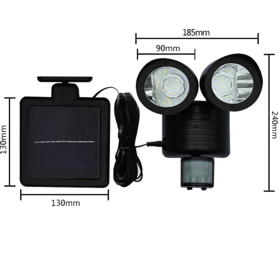 22LEDs Waterproof Dual Head Solar Human Body Induction Spotlight for Outdoor Courtyard Corridor Garden Garage black