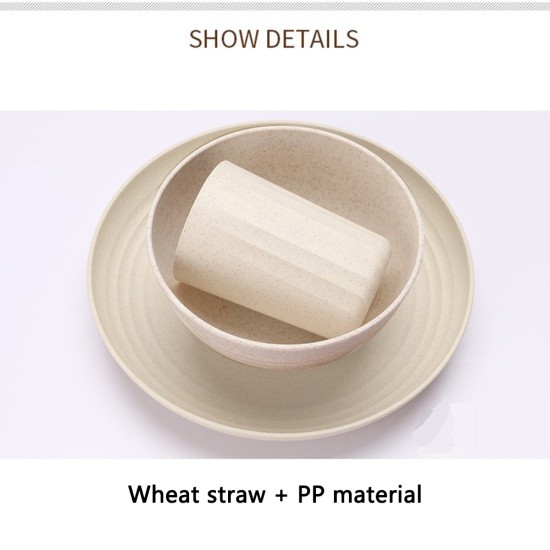 29pcs Cutlery Set Reusable Non-slip Wear-resistant Household Wheat Straw Bowl Cup Plate Knife Fork Spoon Tableware