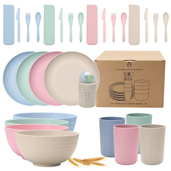 29pcs Cutlery Set Reusable Non-slip Wear-resistant Household Wheat Straw Bowl Cup Plate Knife Fork Spoon Tableware