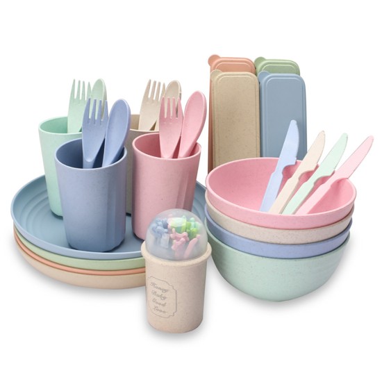 29pcs Cutlery Set Reusable Non-slip Wear-resistant Household Wheat Straw Bowl Cup Plate Knife Fork Spoon Tableware