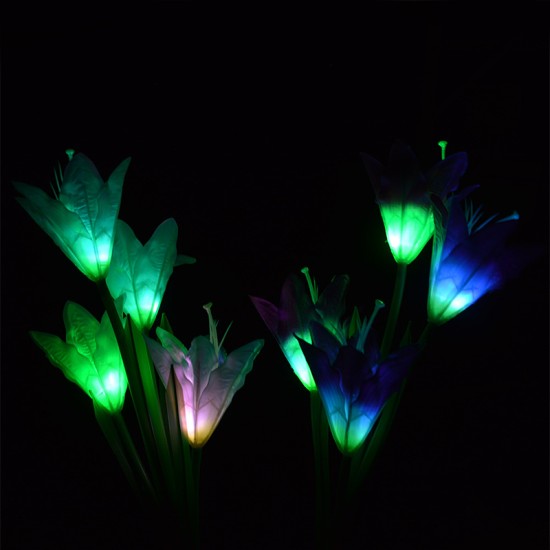 2PCS 4-head Solar-powered LED Lily Lawn Light with Colourful Light Waterproof Light Sensor Lamp Festival Yard Decoration Pink + purple