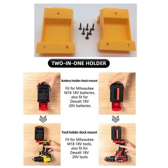 2pcs 2-in-1 Battery Tool Holder Compatible for Wilwaukee 18v Yellow