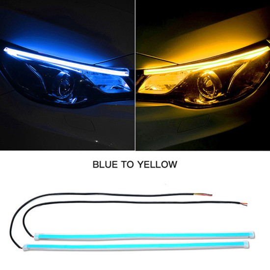 2pcs Automotive LED Turn Signal Driving Light Belt, Ultra-thin Light Guide Strip Two-color Streamer Turn Decorative Light Accessories 30CM blue and yellow pair