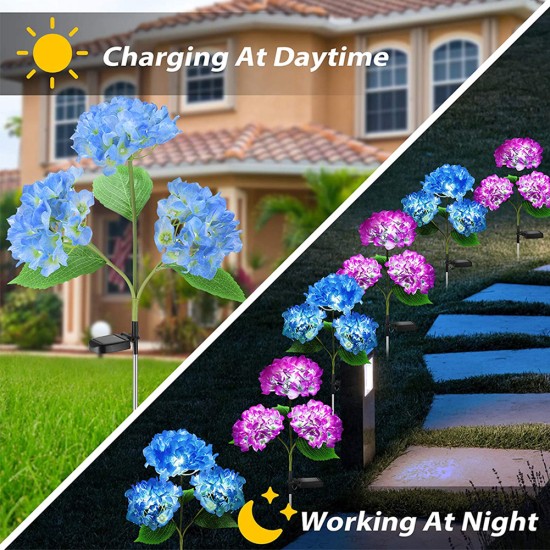 2pcs Solar Hydrangea Flower Light 3 Heads Lawn Lamps with Stake for Outdoor Garden Patio Country Decoration Purple