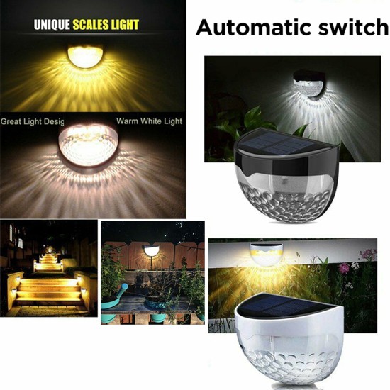 2pcs Solar Semi-circular Wall Light 6LED Waterproof for Stair Outdoor Fence Porch Garden Black Shell Cold White