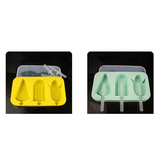 3 Cavities Silicone Ice Cream Mold Reusable Ice Cubes Tray Popsicle Mold with Stick random_Watermelon Corn Classic Box