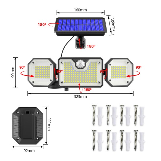 3 Heads Solar Lights Outdoor IP65 Waterproof Energy Saving  3 Mode Infrared Motion Sensor Wall Lamp 226LED