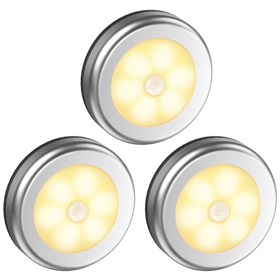 3Pcs 6LEDs Silver Color Round Shape Induction Round Shape Light for Cabinet Closet  Warm White_6LED