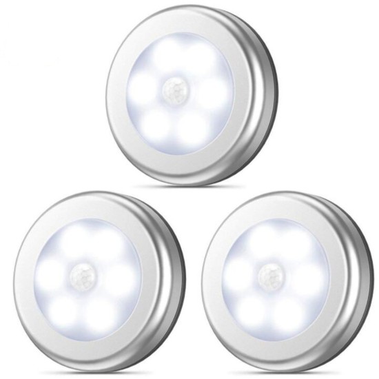 3Pcs 6LEDs Silver Color Round Shape Induction Round Shape Light for Cabinet Closet  White light_6LED