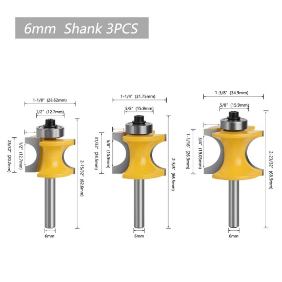 3pcs Half Round Bearing Woodworking Milling Cutter Carbide Tipped Edge Cutting Bits 6mm Shank Diameter