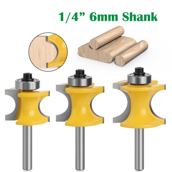 3pcs Half Round Bearing Woodworking Milling Cutter Carbide Tipped Edge Cutting Bits 6mm Shank Diameter