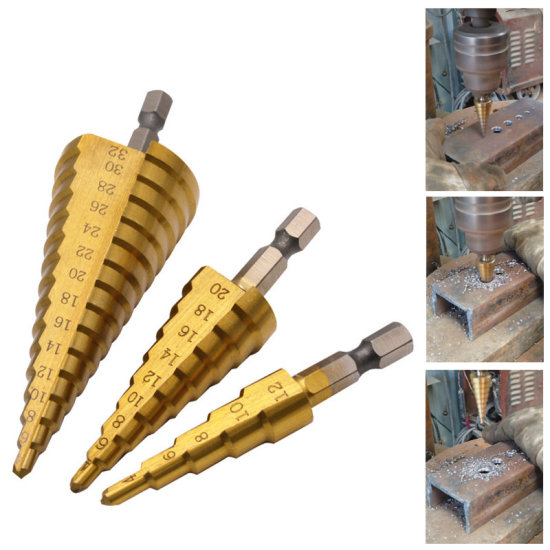 3pcs Hss Titanium Coated Step Drill  Bit Drilling Power Tools Wood Hole Cutter Cone Drill 4-32