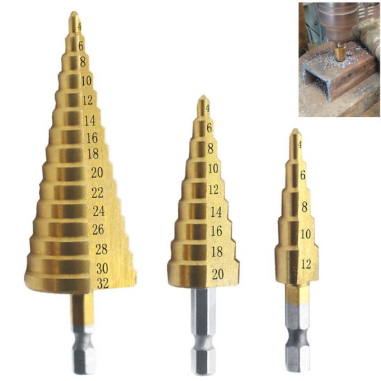 3pcs Hss Titanium Coated Step Drill  Bit Drilling Power Tools Wood Hole Cutter Cone Drill 4-32