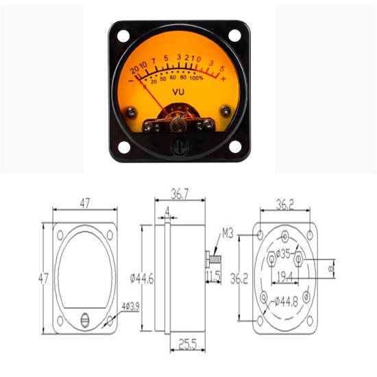 45mm Big Vu Meter Stereo Amplifier Board Backlight Power Meter Level Indicator Adjustable With Driver Yellow background