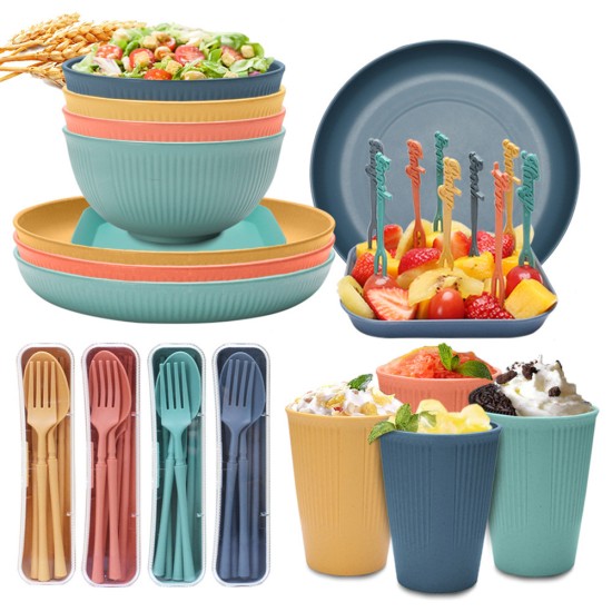 48pcs Wheat Straw Dinnerware Set Bowl Plate Dish fork Chopsticks Spoon Multi-color