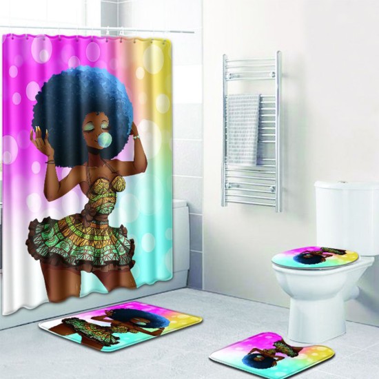 4Pcs/Set Stylish African Women Series Pattern Bath Set Shower Curtain Non-Slip Toilet Pad Cover Bath Mat9N3R