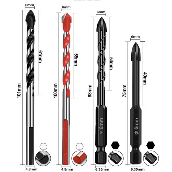 4pcs Cross Hex Tile Drill Bits Lengthened Glass Ceramic Twist Bits Punching Drill Bits