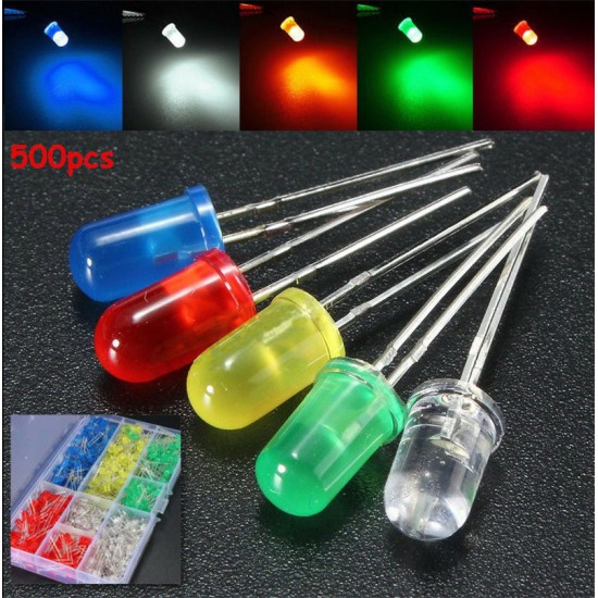 500Pcs 3mm LED Light White/Yellow/Red/Blue/Green Assortment Diodes DIY Kit  500 pcs/box