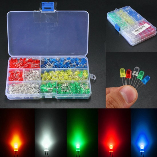 500Pcs 3mm LED Light White/Yellow/Red/Blue/Green Assortment Diodes DIY Kit  500 pcs/box