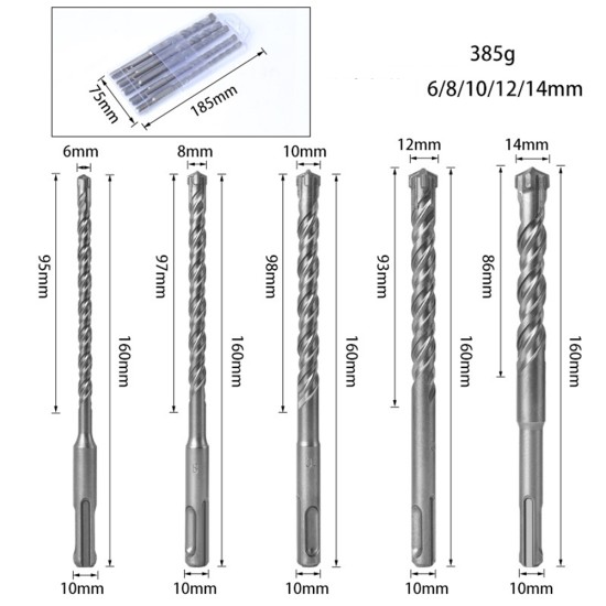 5pcs Sds-max Cemented Carbide Hammer Drill Bit Set 6-8-10-12-14mm Double Flute Cross-head Round Shank