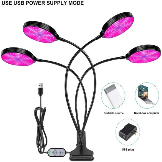 60w Grow Light Auto On/off 4/8/12h Timer Full Spectrum T5 Dimmable Brightness 3 Light Modes 156 Leds Clip On Grow Lamp 45W (three heads)