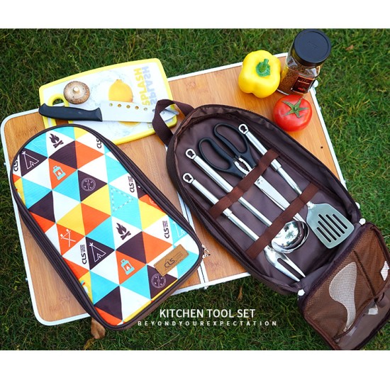 7 PCs Camping Kitchen Utensil Set Camp Cookware Utensils Organizer Travel Kit  Triangle Pattern