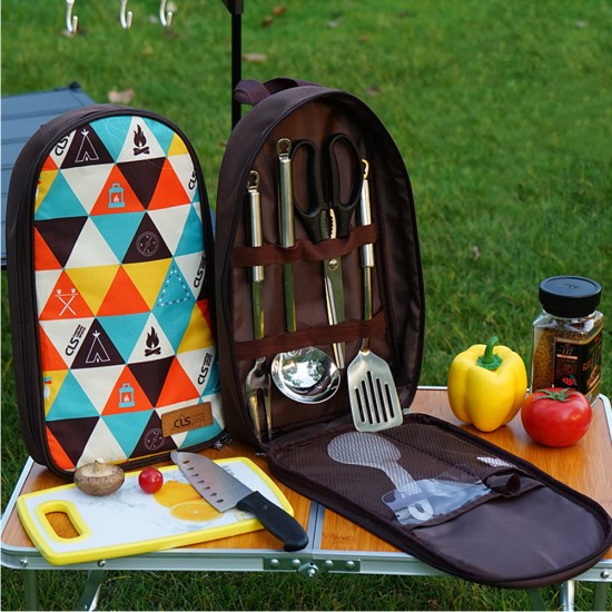 7 PCs Camping Kitchen Utensil Set Camp Cookware Utensils Organizer Travel Kit  Triangle Pattern