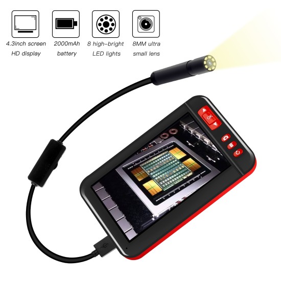 8mm 1080P Endoscope Camera with 4.3 Inch Screen Display 2000mAh 8 LED Light waterproof Inspection Borescope Camera 10 m