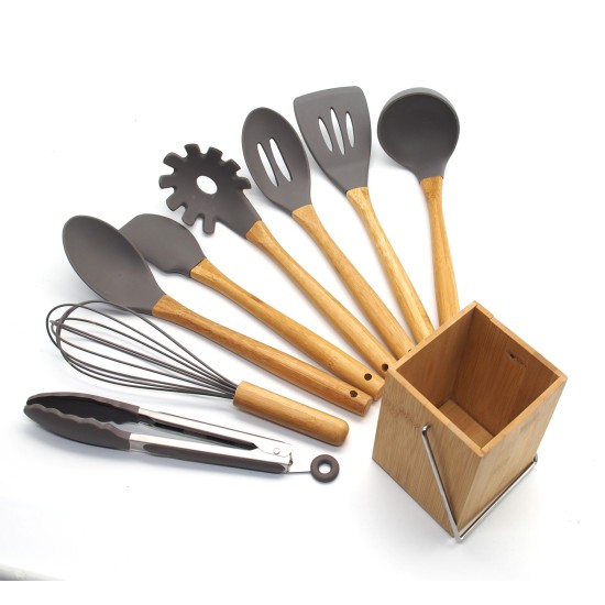 9Pcs/Set Kitchen Utensil Set Silicone Cooking Nonstick Cookware Spatula Spoon Set  with bamboo seat