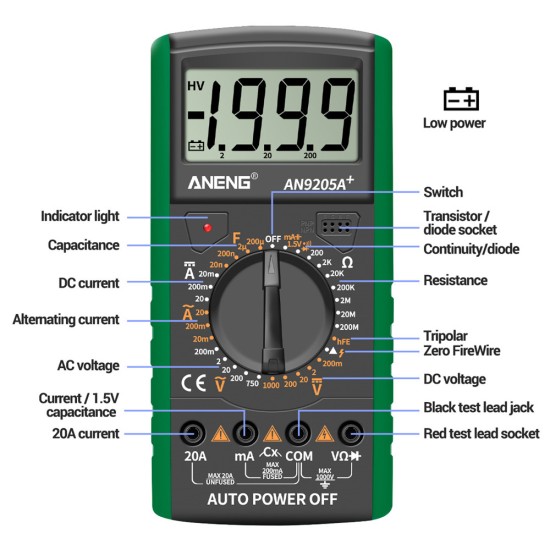 ANENG An9205a+True-rms Digital Multimeter Transistor Tester Capacitor Tester Electrical Capacitance Meter Green