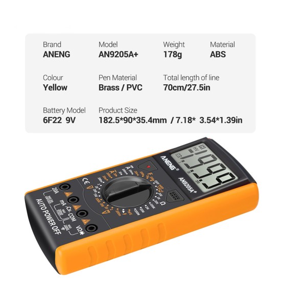 ANENG An9205a+true-rms Digital Multimeter Transistor Tester Capacitor Tester Electrical Capacitance Meter Yellow