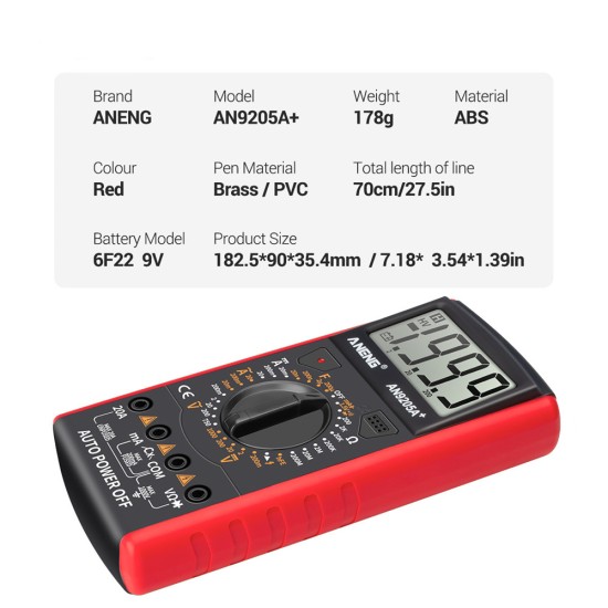 ANENG An9205a+true-rms Digital Multimeter Transistor Tester Capacitor Tester Electrical Capacitance Meter Red