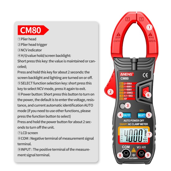 ANENG CM80 Digital Clamp Meter 4000 Counts AC/DC Voltage AC Current NCV Black