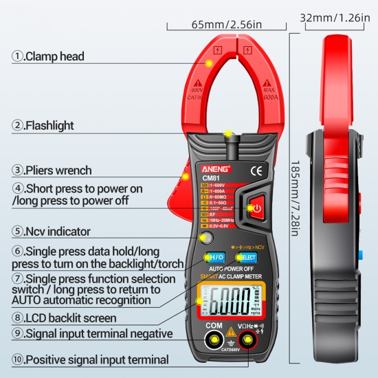 ANENG CM81 Digital Clamp Meter 6000 Counts Ac/dc Voltage Ac Current Ncv Red