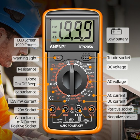 ANENG DT9205A Digital Multimeter 1999 Counts High-precision AC/DC Voltage Current Tester Multi-function Yellow