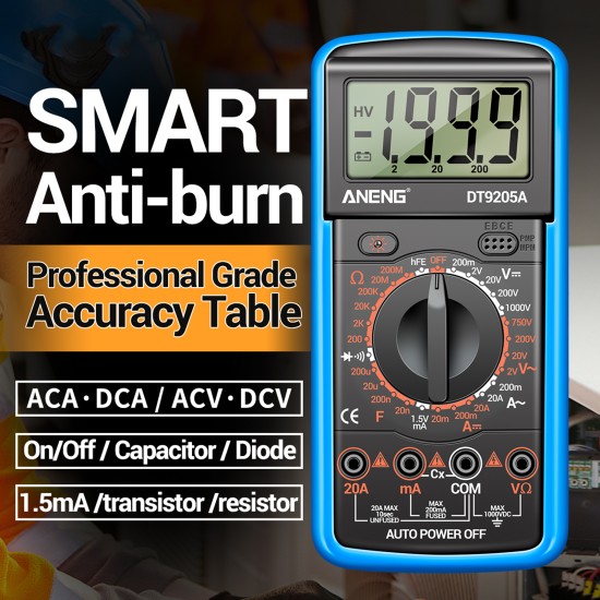 ANENG DT9205A Digital Multimeter 1999 Counts High-precision Multi-function AC/DC Voltage Current Tester Blue